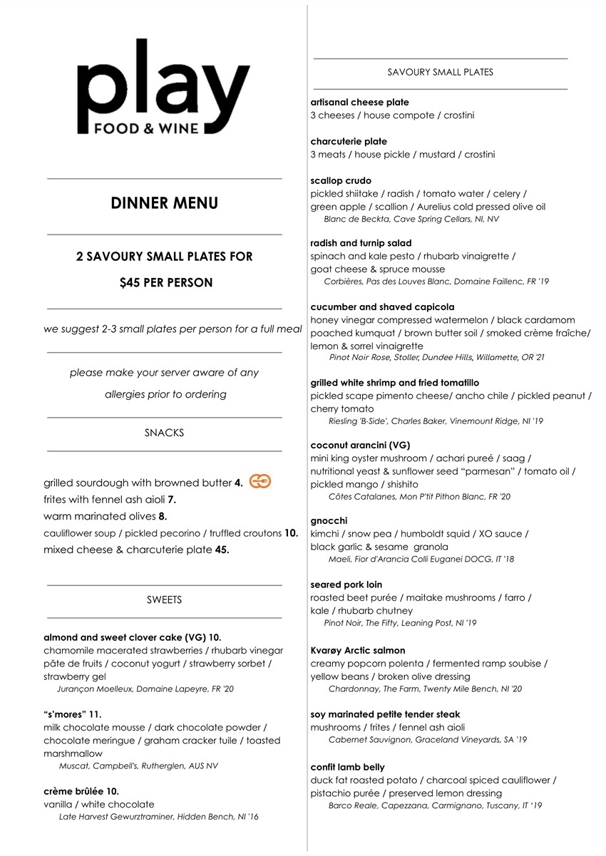 Dinner menu